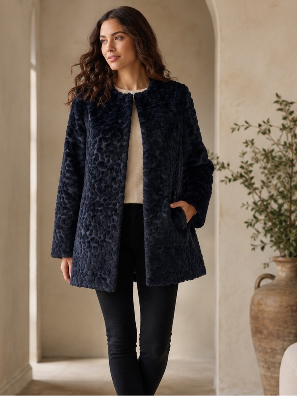 Sam Edelman Charles Faux Fur Coat Ink Navy Leopard Jacquard A-Line XS NWT